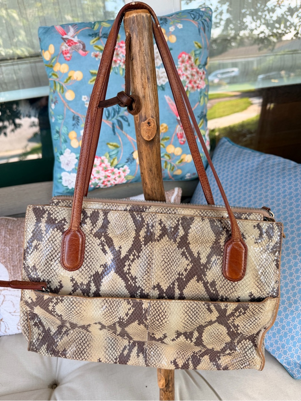 Hobo Snake-Print Shoulder Bag in Beige and Brown